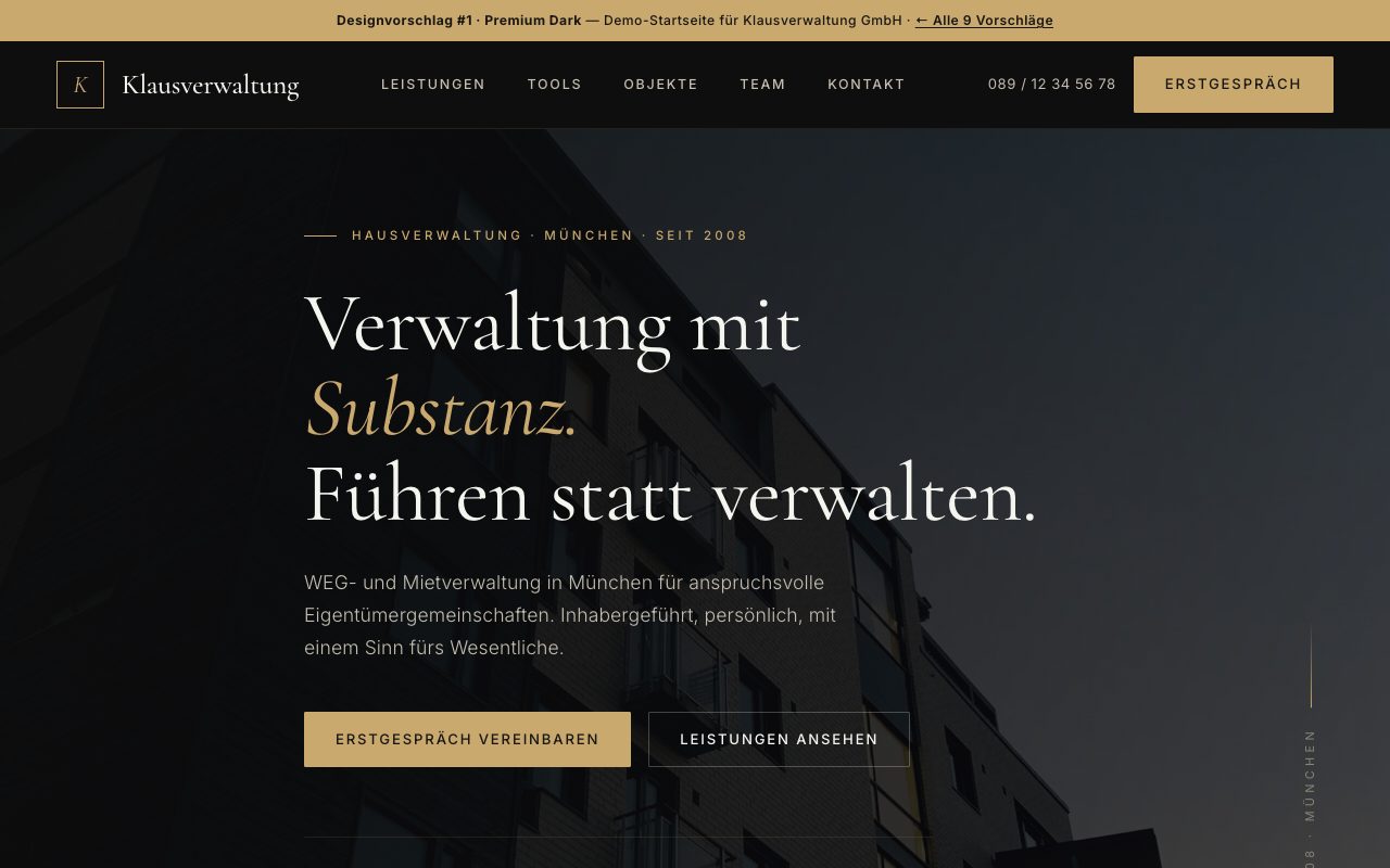 Hausverwaltung Website Design: Premium Dark