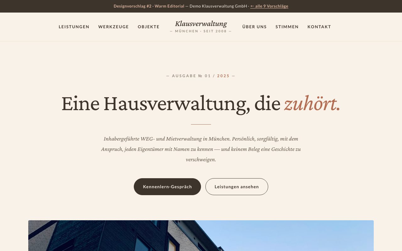 Hausverwaltung Website Design: Warm Editorial