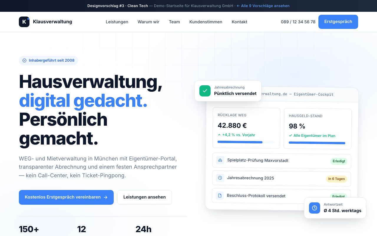 Hausverwaltung Website Design: Clean Tech