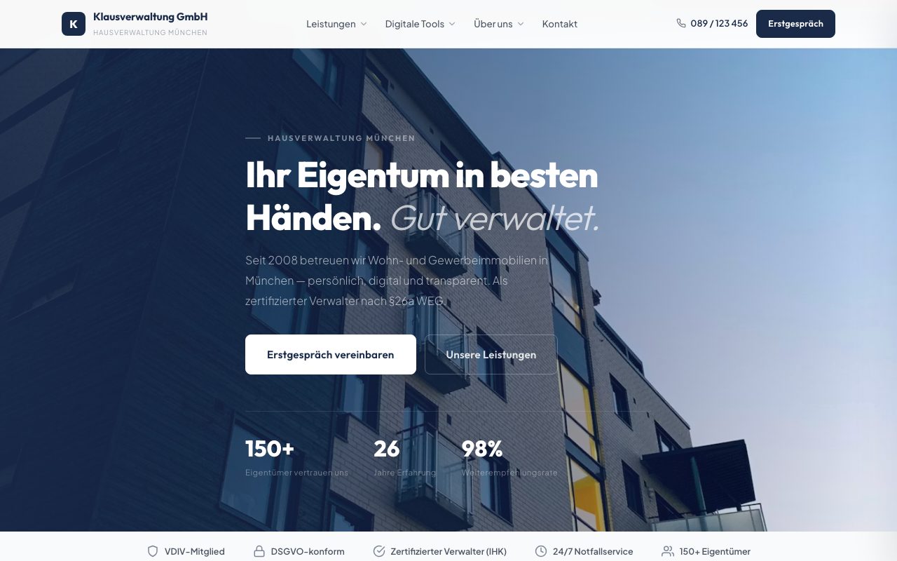 Hausverwaltung Website Design: Navy Corporate