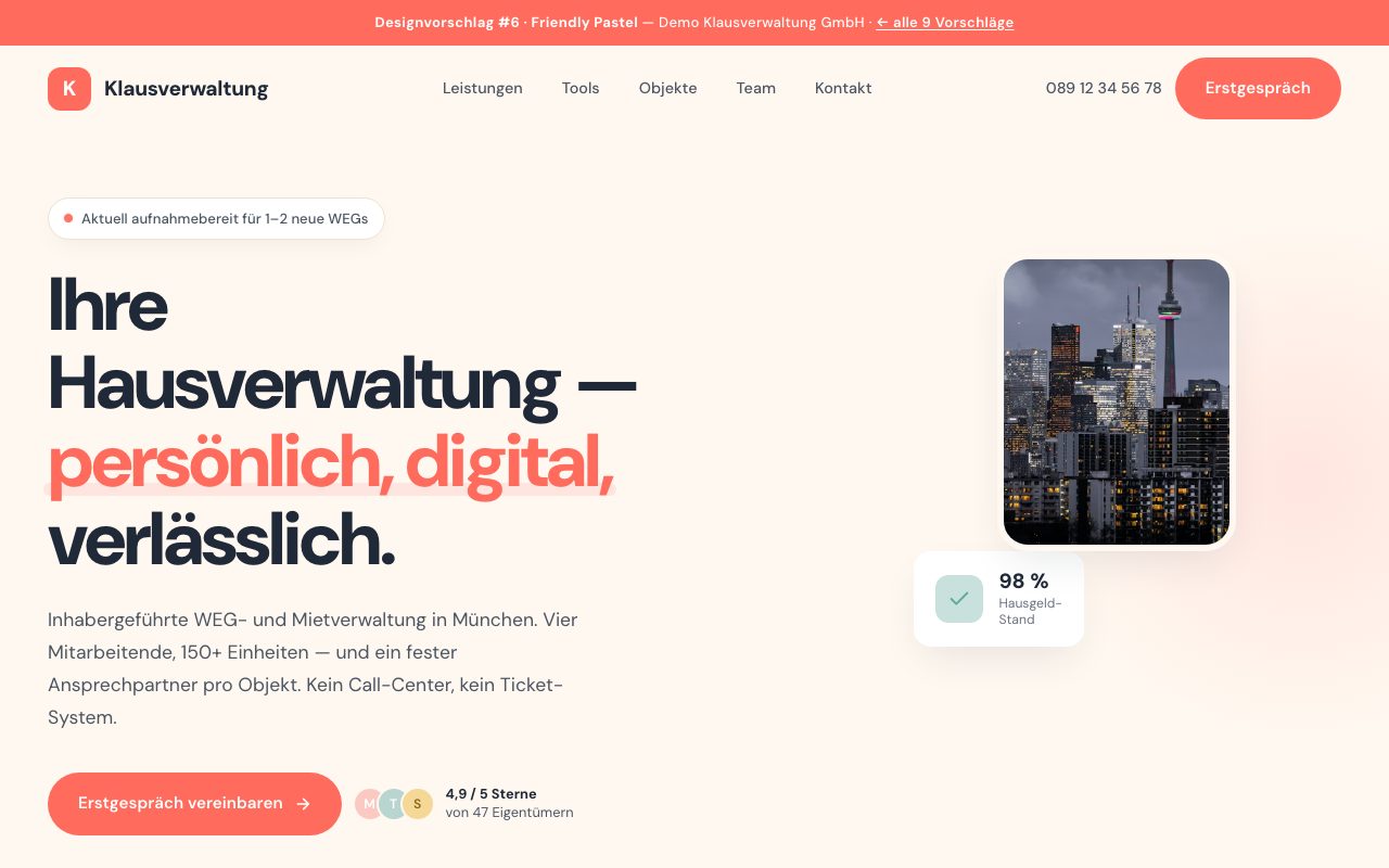 Hausverwaltung Website Design: Friendly Pastel