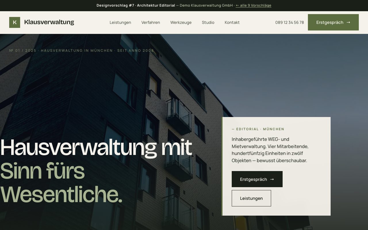 Hausverwaltung Website Design: Architektur Editorial