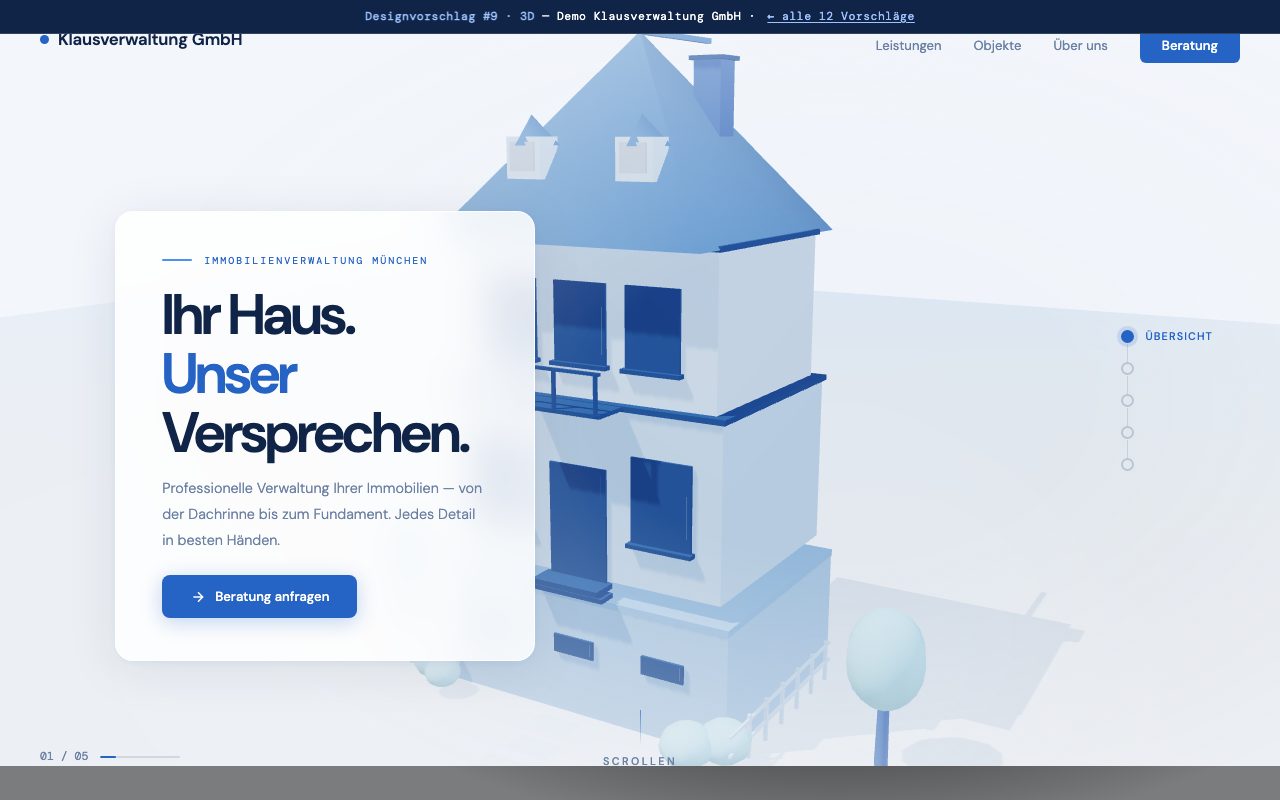Hausverwaltung Website Design: 3D Immersive