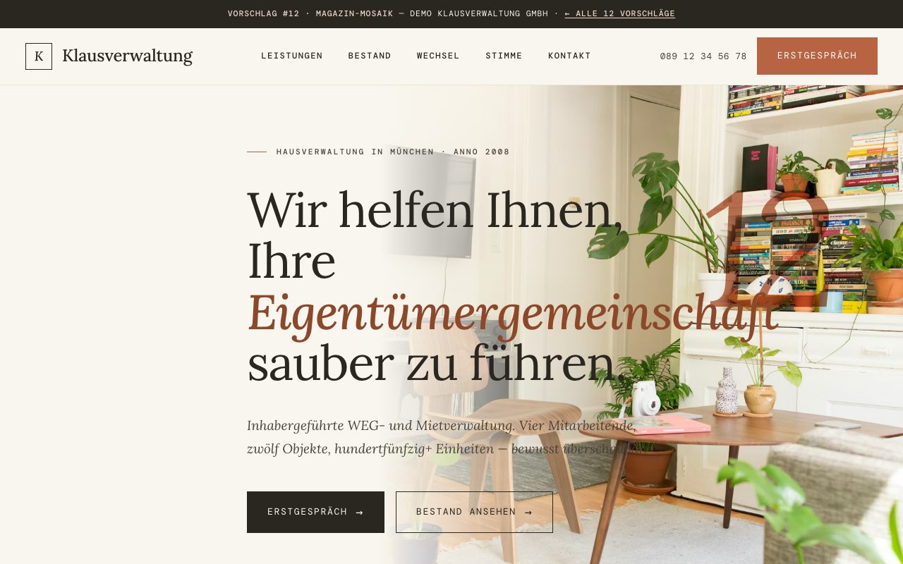 Hausverwaltung Website Design: Magazin Mosaik