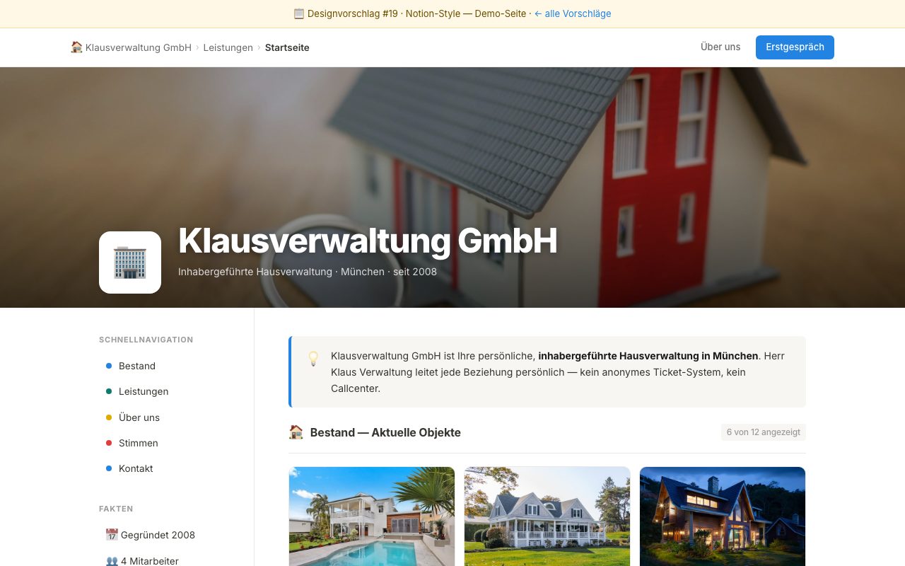 Hausverwaltung Website Design: Notion-Style