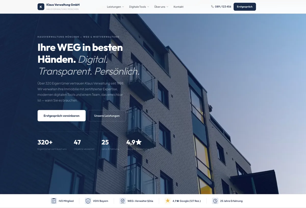 Beispiel-Website einer Hausverwaltung — erstellt mit haus8: Eigentümerbereich, Mängelmelder und Google-Optimierung inklusive